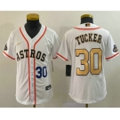 Youth Houston Astros #30 Kyle Tucker Number 2023 White Gold World Serise Champions Patch Cool Base Stitched Jersey1