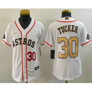 Youth Houston Astros #30 Kyle Tucker Number 2023 White Gold World Serise Champions Patch Cool Base Stitched Jersey