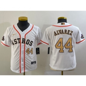 Youth Houston Astros #44 Yordan Alvarez Number 2023 White Gold World Serise Champions Patch Cool Base Stitched Jersey