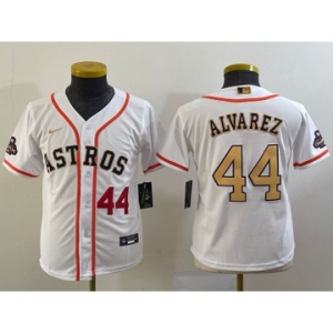 Youth Houston Astros #44 Yordan Alvarez Number 2023 White Gold World Serise Champions Patch Cool Base Stitched Jerseys