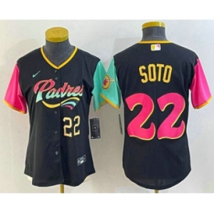 Women's San Diego Padres #22 Juan Soto Number Black 2022 City Connect Cool Base Stitched Jersey1