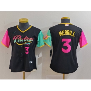 Women's San Diego Padres #3 Jackson Merrill Black Player Number Fashion Baseball Jersey