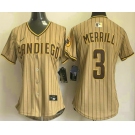 Women's San Diego Padres #3 Jackson Merrill Khaki Pinstripe Limited Stitched Jersey
