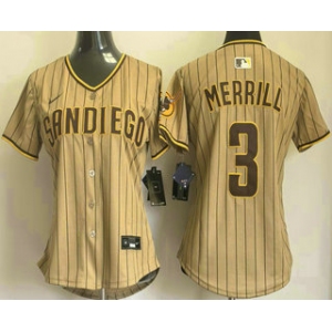 Women's San Diego Padres #3 Jackson Merrill Khaki Pinstripe Limited Stitched Jersey