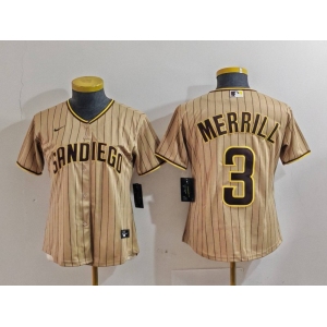 Women's San Diego Padres #3 Jackson Merrill Tan NEW 2023 Cool Base Stitched Jersey