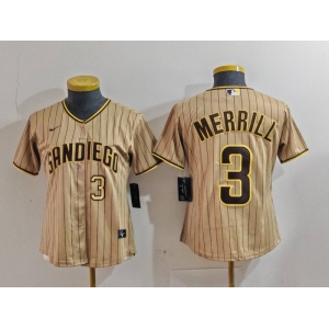 Women's San Diego Padres #3 Jackson Merrill Tan NEW 2023 Cool Base Stitched Jerseys