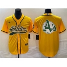 Men's Oakland Athletics Yellow Team Big Logo Cool Base Stitched Baseball Jersey 001