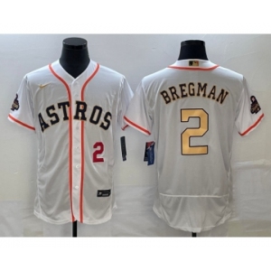 Men's Houston Astros #2 Alex Bregman Number 2023 White Gold World Serise Champions Patch Flex Base Stitched Jersey1