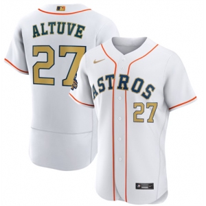 Men's Houston Astros #27 Jose Altuve 2023 White Gold World Series Champions Stitched FlexBase Authentic Nike Jersey