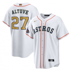 Men's Houston Astros #27 Jose Altuve 2023 White Gold World Serise Champions Patch Cool Base Stitched Jersey