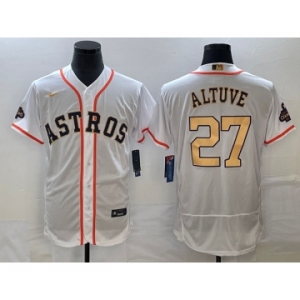 Men's Houston Astros #27 Jose Altuve 2023 White Gold World Serise Champions Patch Flex Base Stitched Jersey