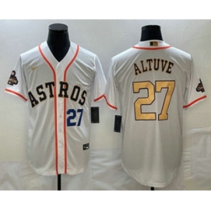 Mens Houston Astros #27 Jose Altuve Number 2023 White Gold World Serise Champions Patch Cool Base Stitched Jersey