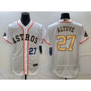 Men's Houston Astros #27 Jose Altuve Number 2023 White Gold World Serise Champions Patch Flex Base Stitched Jersey1