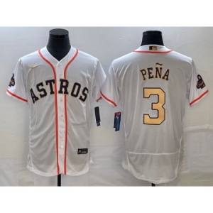 Men's Houston Astros #3 Jeremy Pena 2023 White Gold World Serise Champions Patch Flex Base Stitched Jersey