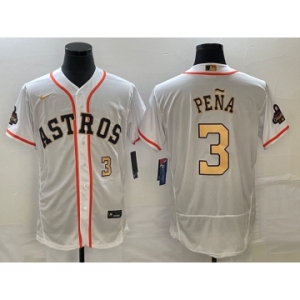 Men's Houston Astros #3 Jeremy Pena Number 2023 White Gold World Serise Champions Patch Flex Base Stitched Jersey1