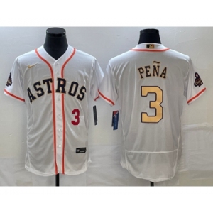 Men's Houston Astros #3 Jeremy Pena Number 2023 White Gold World Serise Champions Patch Flex Base Stitched Jersey2