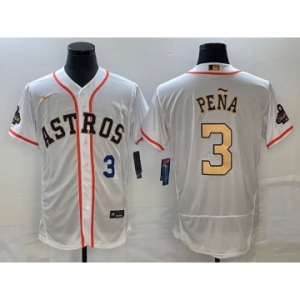 Men's Houston Astros #3 Jeremy Pena Number 2023 White Gold World Serise Champions Patch Flex Base Stitched Jersey