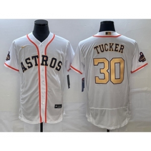 Men's Houston Astros #30 Kyle Tucker 2023 White Gold World Serise Champions Patch Flex Base Stitched Jersey