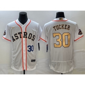 Men's Houston Astros #30 Kyle Tucker Number 2023 White Gold World Serise Champions Patch Flex Base Stitched Jersey