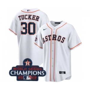 Men's Houston Astros #30 Kyle Tucker White 2022 World Series Champions Home Stitched Baseball Jersey