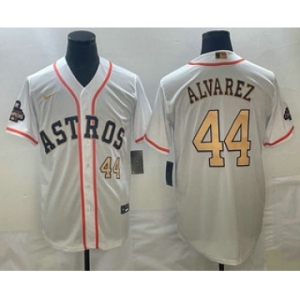 Men's Houston Astros #44 Yordan Alvarez Number 2023 White Gold World Serise Champions Patch Cool Base Stitched Jersey