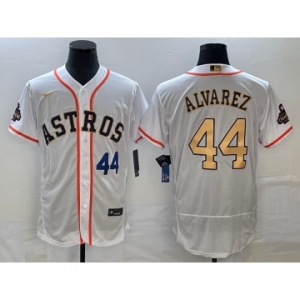 Men's Houston Astros #44 Yordan Alvarez Number 2023 White Gold World Serise Champions Patch Flex Base Stitched Jersey