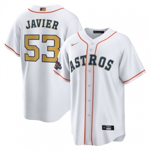 Men's Houston Astros #53 Cristian Javier  2023 White Gold World Serise Champions Patch Cool Base Stitched Jersey
