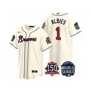 Men's Atlanta Braves #1 Ozzie Albies 2021 Cream World Series With 150th Anniversary Patch Cool Base Baseball Jersey
