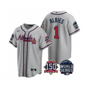 Men's Atlanta Braves #1 Ozzie Albies 2021 Gray World Series With 150th Anniversary Patch Cool Base Baseball Jersey