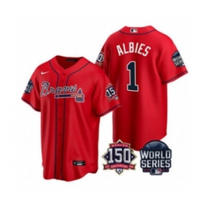 Men's Atlanta Braves #1 Ozzie Albies 2021 Red World Series With 150th Anniversary Patch Cool Base Baseball Jersey