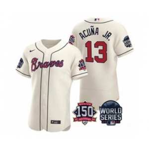 Men's Atlanta Braves #13 Ronald Acuna Jr. 2021 Cream World Series Flex Base With 150th Anniversary Patch Baseball Jersey