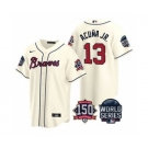 Men's Atlanta Braves #13 Ronald Acuna Jr. 2021 Cream World Series With 150th Anniversary Patch Cool Base Baseball Jersey