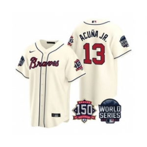 Men's Atlanta Braves #13 Ronald Acuna Jr. 2021 Cream World Series With 150th Anniversary Patch Cool Base Baseball Jersey