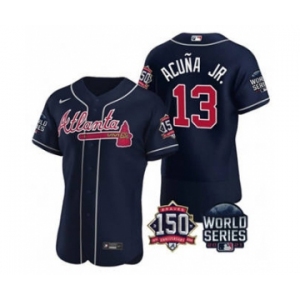 Men's Atlanta Braves #13 Ronald Acuna Jr. 2021 Navy World Series Flex Base With 150th Anniversary Patch Baseball Jersey