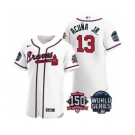 Men's Atlanta Braves #13 Ronald Acuna Jr. 2021 White World Series Flex Base With 150th Anniversary Patch Baseball Jersey