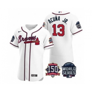 Men's Atlanta Braves #13 Ronald Acuna Jr. 2021 White World Series Flex Base With 150th Anniversary Patch Baseball Jersey