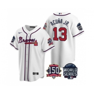 Men's Atlanta Braves #13 Ronald Acuna Jr. 2021 White World Series With 150th Anniversary Patch Cool Base Baseball Jersey