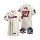 Men's Atlanta Braves #27 Austin Riley 2021 Cream World Series With 150th Anniversary Patch Flex Base Baseball Jersey