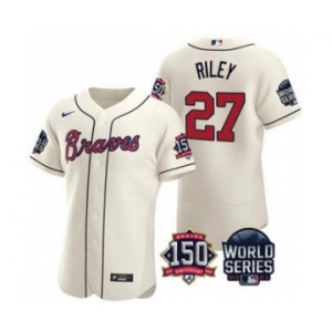 Men's Atlanta Braves #27 Austin Riley 2021 Cream World Series With 150th Anniversary Patch Flex Base Baseball Jersey