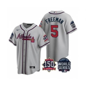 Men's Atlanta Braves #5 Freddie Freeman 2021 Gray World Series With 150th Anniversary Patch Cool Base Baseball Jersey