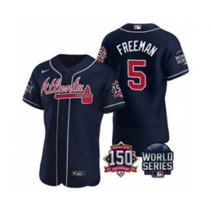 Men's Atlanta Braves #5 Freddie Freeman 2021 Navy World Series Flex Base With 150th Anniversary Patch Baseball Jersey