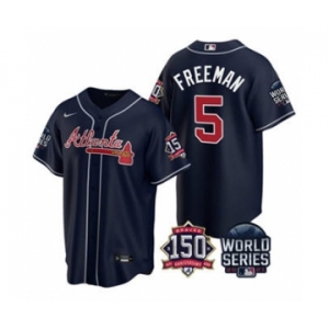 Men's Atlanta Braves #5 Freddie Freeman 2021 Navy World Series With 150th Anniversary Patch Cool Base Baseball Jersey