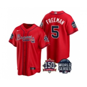 Men's Atlanta Braves #5 Freddie Freeman 2021 Red World Series With 150th Anniversary Patch Cool Base Baseball Jersey