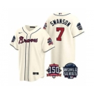 Men's Atlanta Braves #7 Dansby Swanson 2021 Cream World Series With 150th Anniversary Patch Cool Base Baseball Jersey