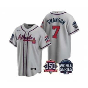 Men's Atlanta Braves #7 Dansby Swanson 2021 Gray World Series With 150th Anniversary Patch Cool Base Baseball Jersey