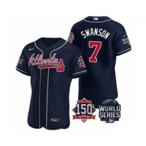 Men's Atlanta Braves #7 Dansby Swanson 2021 Navy World Series Flex Base With 150th Anniversary Patch Baseball Jersey