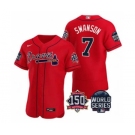 Men's Atlanta Braves #7 Dansby Swanson 2021 Red World Series Flex Base With 150th Anniversary Patch Baseball Jersey