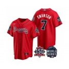 Men's Atlanta Braves #7 Dansby Swanson 2021 Red World Series With 150th Anniversary Patch Cool Base Baseball Jersey