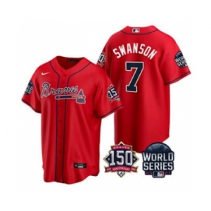 Men's Atlanta Braves #7 Dansby Swanson 2021 Red World Series With 150th Anniversary Patch Cool Base Baseball Jersey