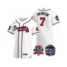 Men's Atlanta Braves #7 Dansby Swanson 2021 White World Series Flex Base With 150th Anniversary Patch Baseball Jersey